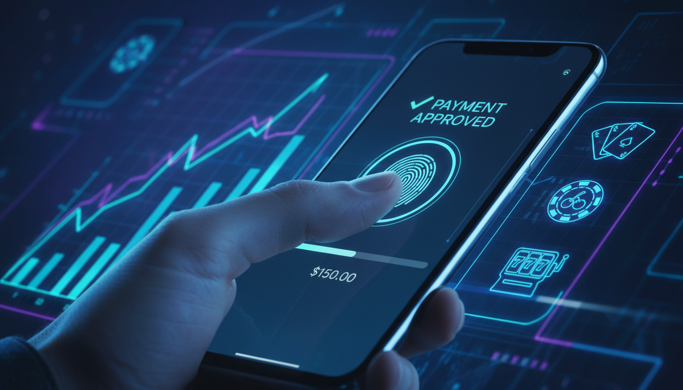 Ilustracja przedstawiająca proces bezpiecznej płatności mobilnej w kasynie online