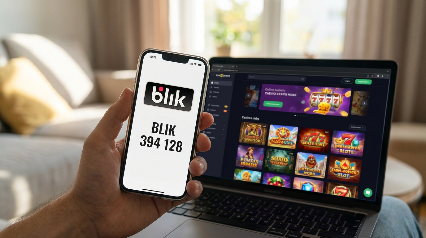 Smartfon wyświetlający kod BLIK obok ekranu z grą kasynową