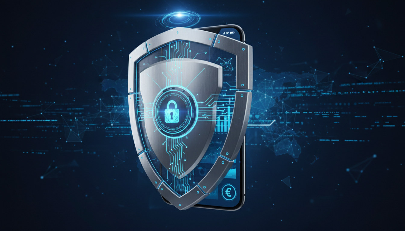Ilustracja przedstawiająca tarczę bezpieczeństwa obok smartfona
