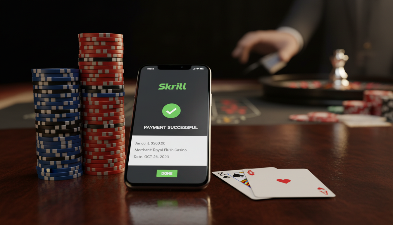 Smartfon z aplikacją Skrill obok kart do gry